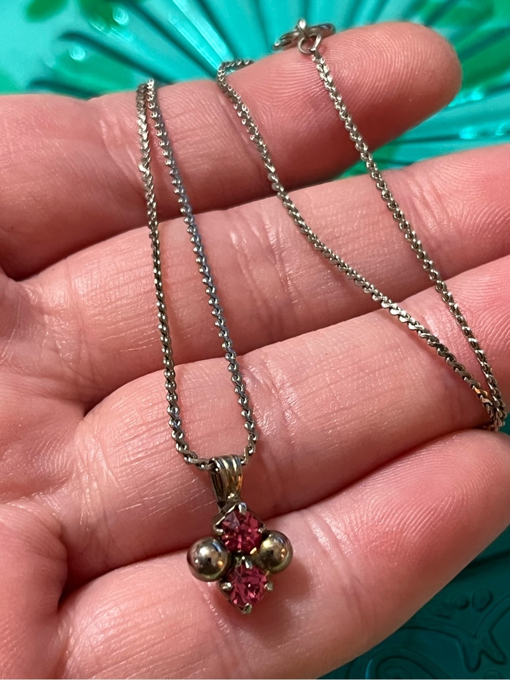 Vintage Pink Rhinestone Silver Tone Metal Costume Jewelry Pendant Necklace